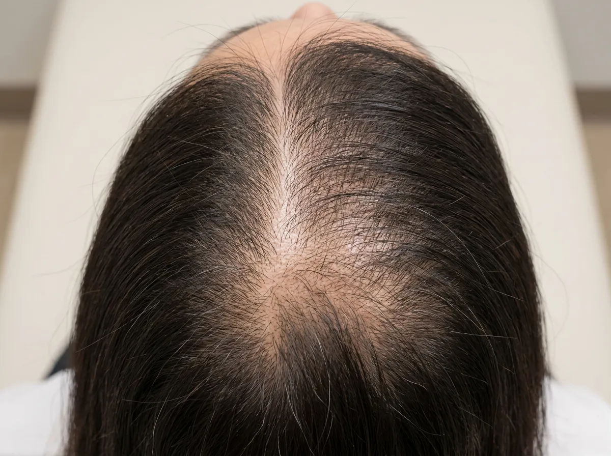 Female patient before treatment — thinning crown area