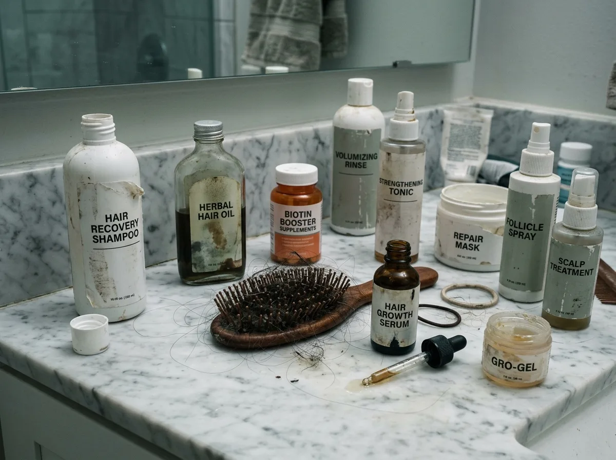 Bathroom counter cluttered with half-used hair loss products that didn't work