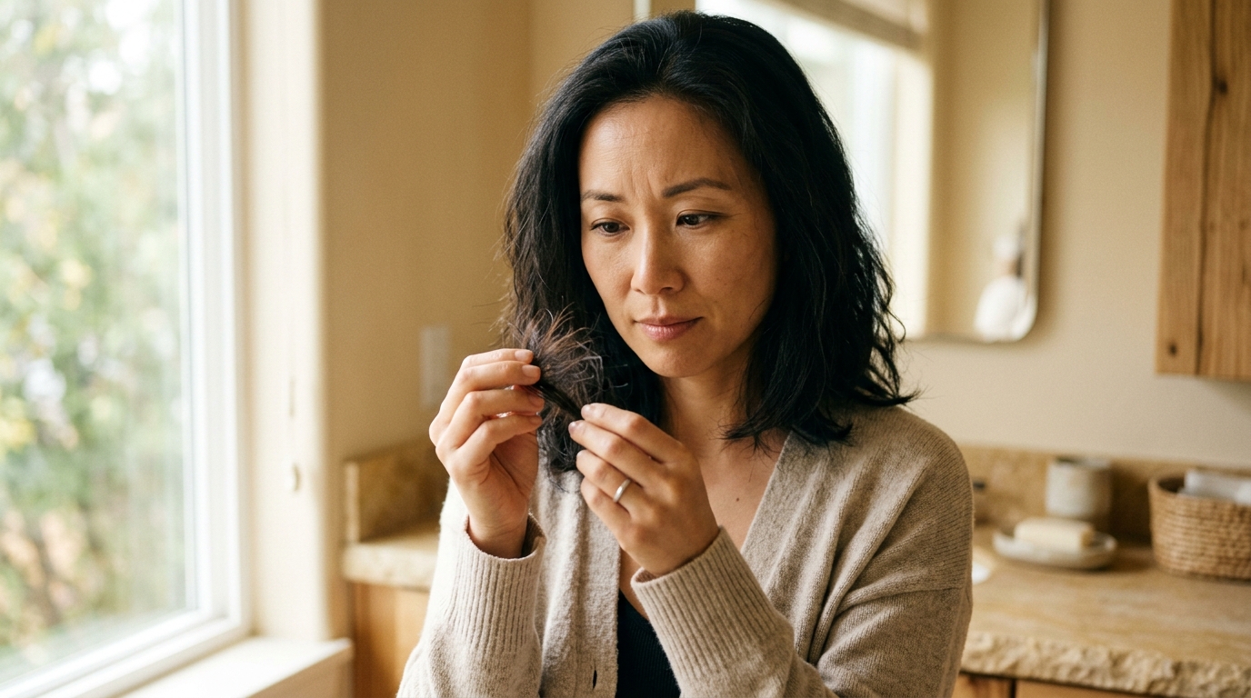 Woman examining hair thinning — common hair loss causes in Kota Kinabalu